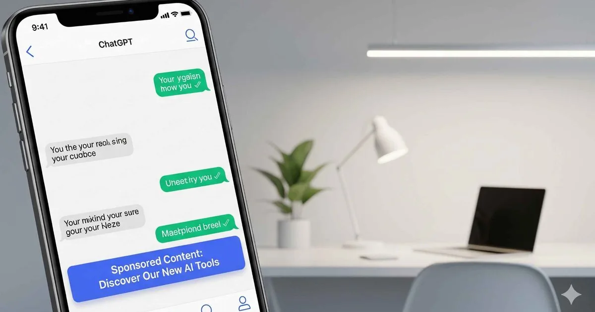 Tela de celular com conversa no ChatGPT e bloco de conteúdo patrocinado, usada como imagem destacada do artigo sobre anúncios no ChatGPT.