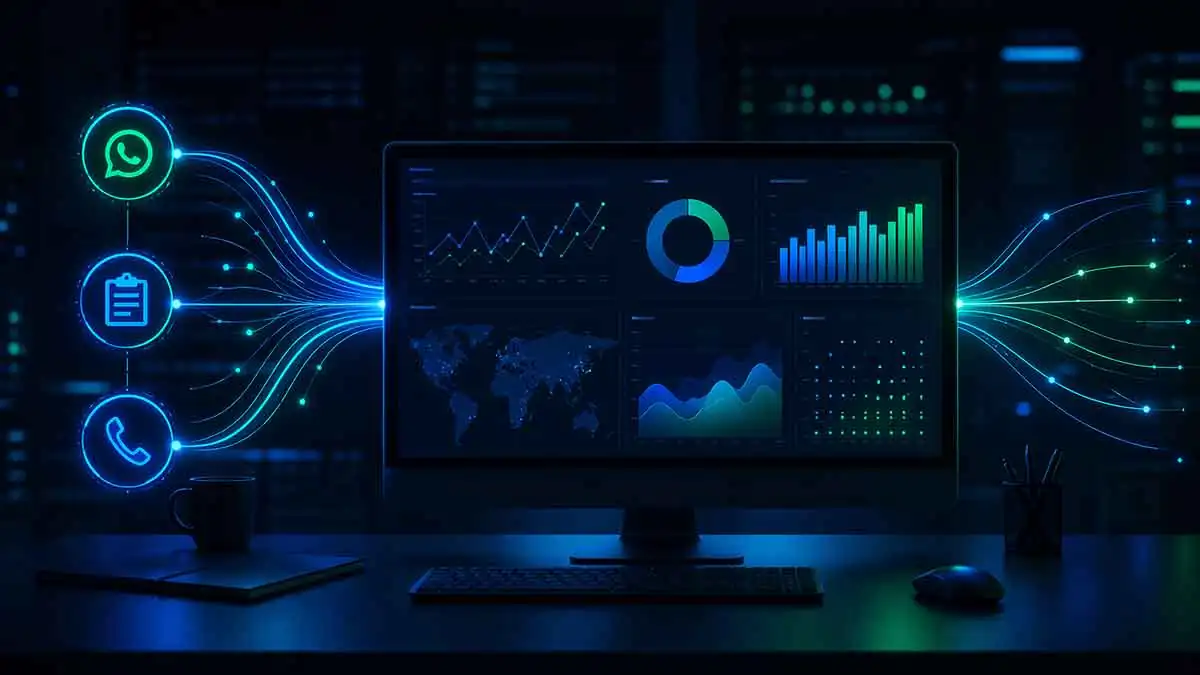 Monitor com dashboard analítico mostrando dados de WhatsApp, formulário e ligações convergindo para um sistema de mensuração centralizado.